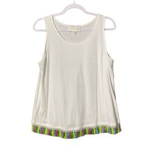 Pappagallo 100% Cotton White Tank Top W/ Colorful Fringe Hem Women's Size Large